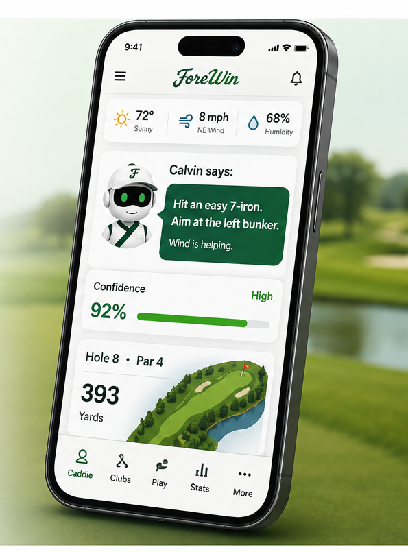 ForeWin app displayed on a smartphone with personalized advice from Calvin
